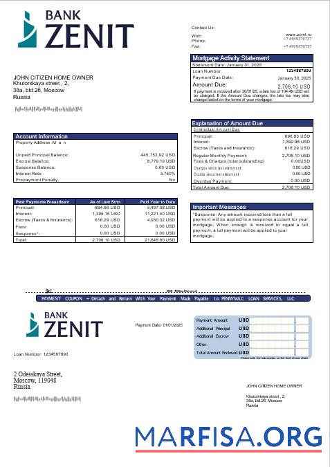 Realistic Russia Zenit bank mortgage statement in Word and PDF formats download for verification